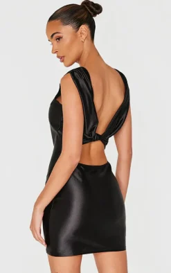 Black Boat Neck Knot Back Detail Mini Dress