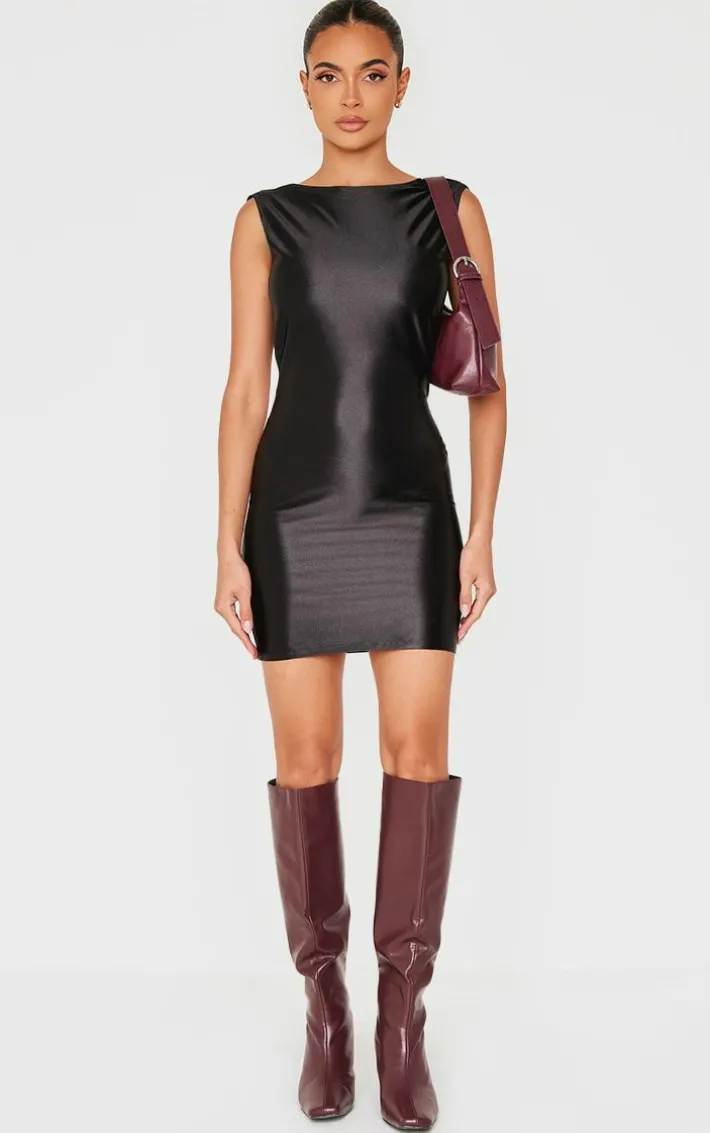 Black Boat Neck Knot Back Detail Mini Dress