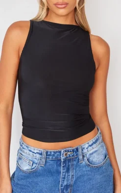 Black Boatneck Slinky Sleeveless Long Top