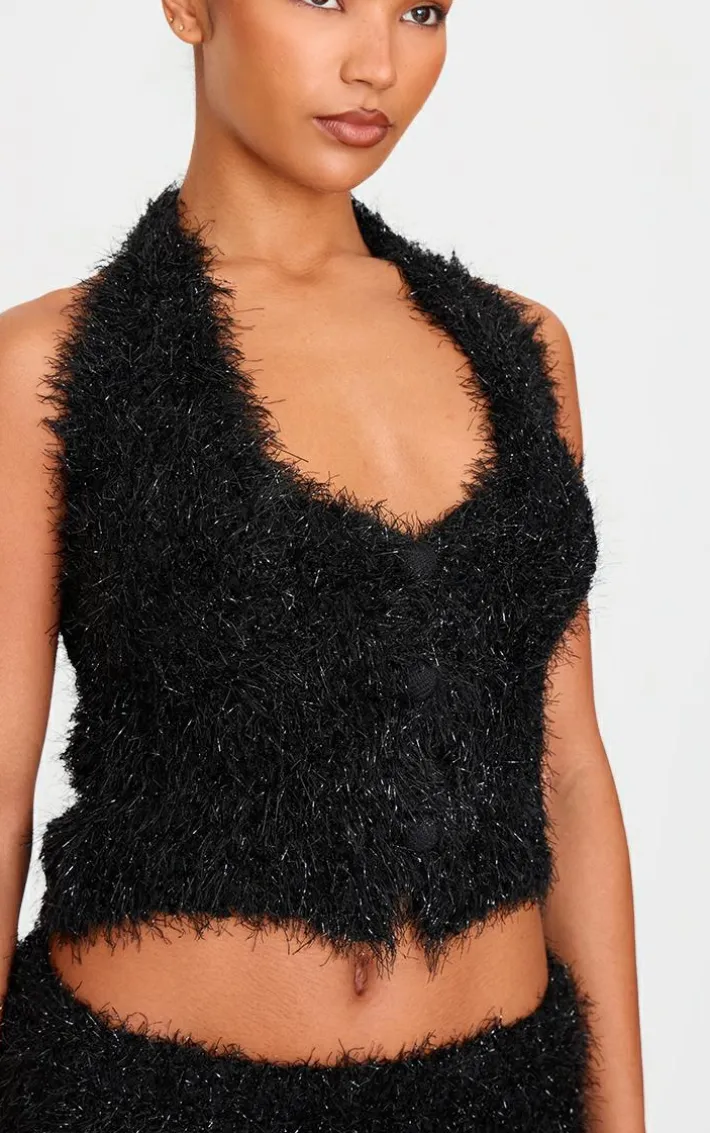 Black Bobble Eyelash Knit Halterneck Vest