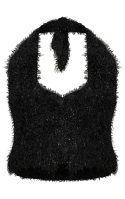 Black Bobble Eyelash Knit Halterneck Vest