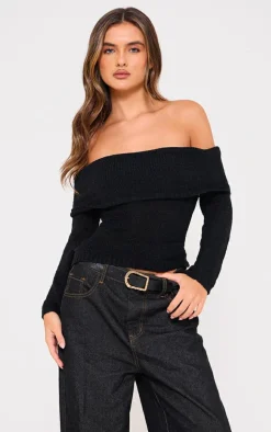 Black Bobble Knit Bardot Top