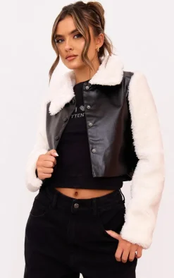Black Bonded Sleeves Faux Leather Jacket