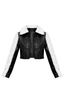 Black Bonded Sleeves Faux Leather Jacket