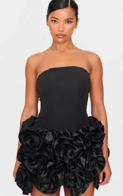Black Boned Corset Flower Detail Bodycon Dress