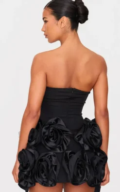 Black Boned Corset Flower Detail Bodycon Dress