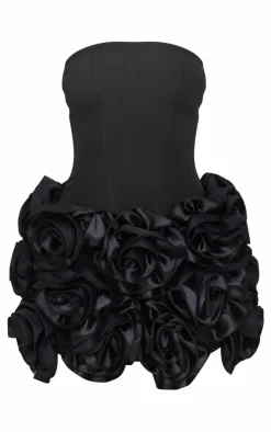 Black Boned Corset Flower Detail Bodycon Dress