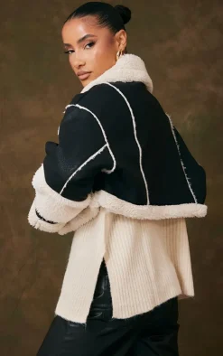 Black Borg Lined Panelled Cropped Aviator