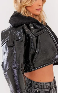 Black Borg Lined Vinyl Cropped Jacket