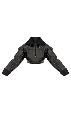 Black Borg Lined Vinyl Cropped Jacket