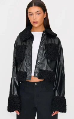 Black Borg Pocket Front Faux Leather Cropped Coat