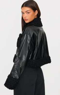 Black Borg Pocket Front Faux Leather Cropped Coat