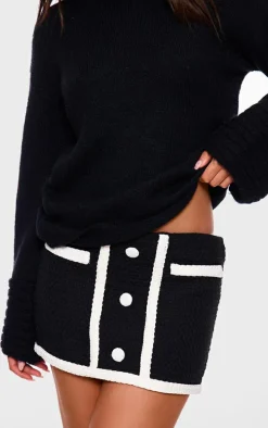 Black Boucle Button Detail Mini Skirt