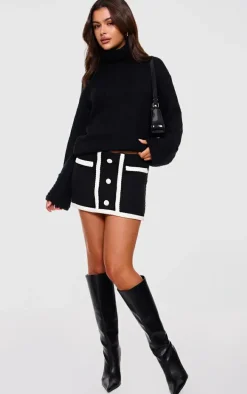 Black Boucle Button Detail Mini Skirt
