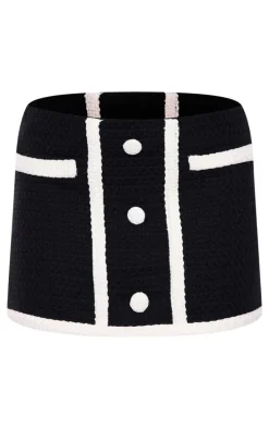 Black Boucle Button Detail Mini Skirt