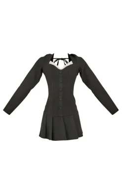 Black Boucle Button Down Lace Detail Bodycon Dress