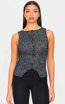 Black Boucle Button Down Waist Coat