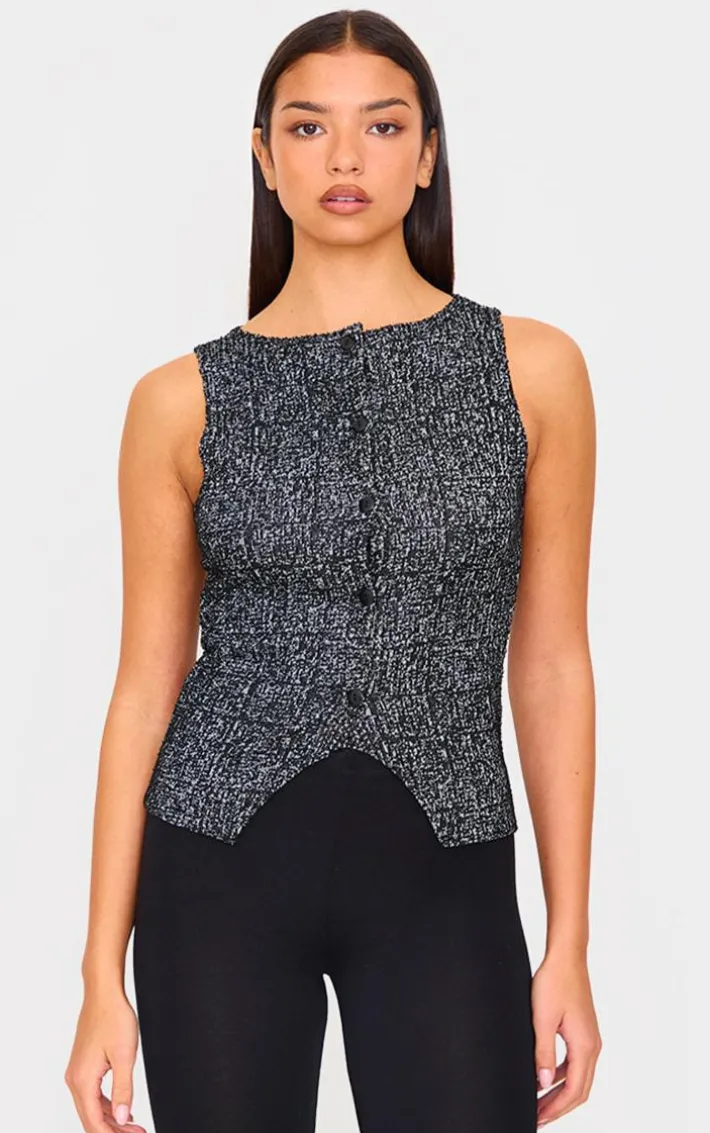 Black Boucle Button Down Waist Coat