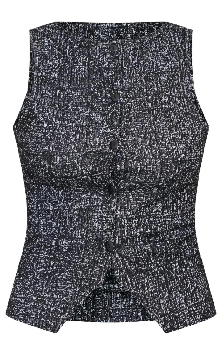 Black Boucle Button Down Waist Coat