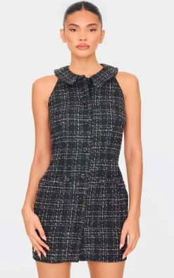 Black Boucle Button Up Mini Dress