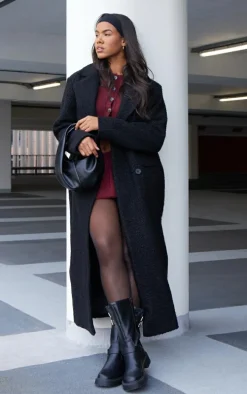 Black Boucle Double Breasted Structured Maxi Coat