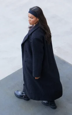 Black Boucle Double Breasted Structured Maxi Coat