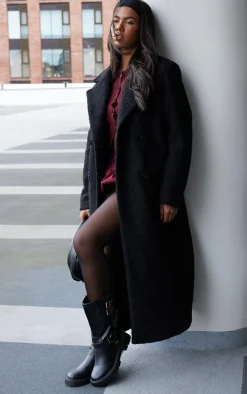 Black Boucle Double Breasted Structured Maxi Coat