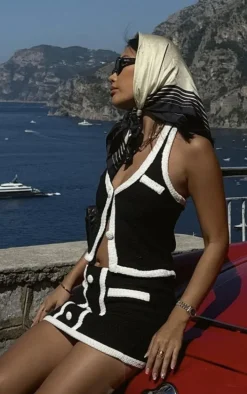 Black Boucle Halterneck Button Detail Top