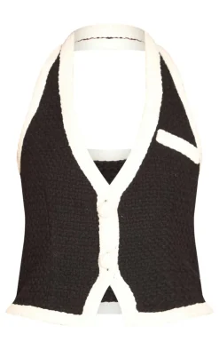 Black Boucle Halterneck Button Detail Top