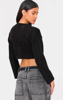 Black Boucle Knit Button Through Cropped Cardigan