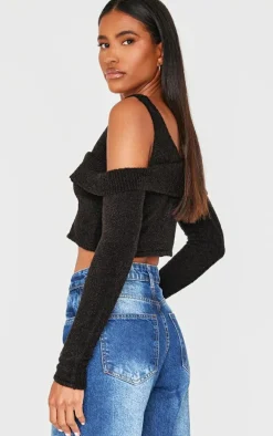Black Boucle Knit Cold Shoulder Button Up Top