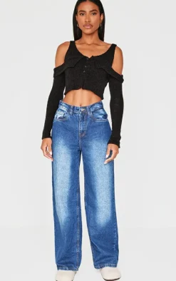 Black Boucle Knit Cold Shoulder Button Up Top