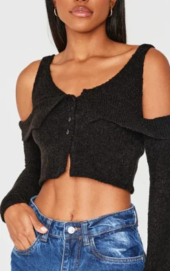 Black Boucle Knit Cold Shoulder Button Up Top