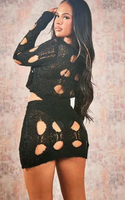 Black Boucle Knit Cut Out Chain Detail Top