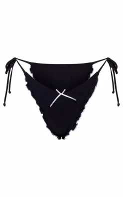 Black Bow Detail Frill Edge Tie Side Bikini Bottoms