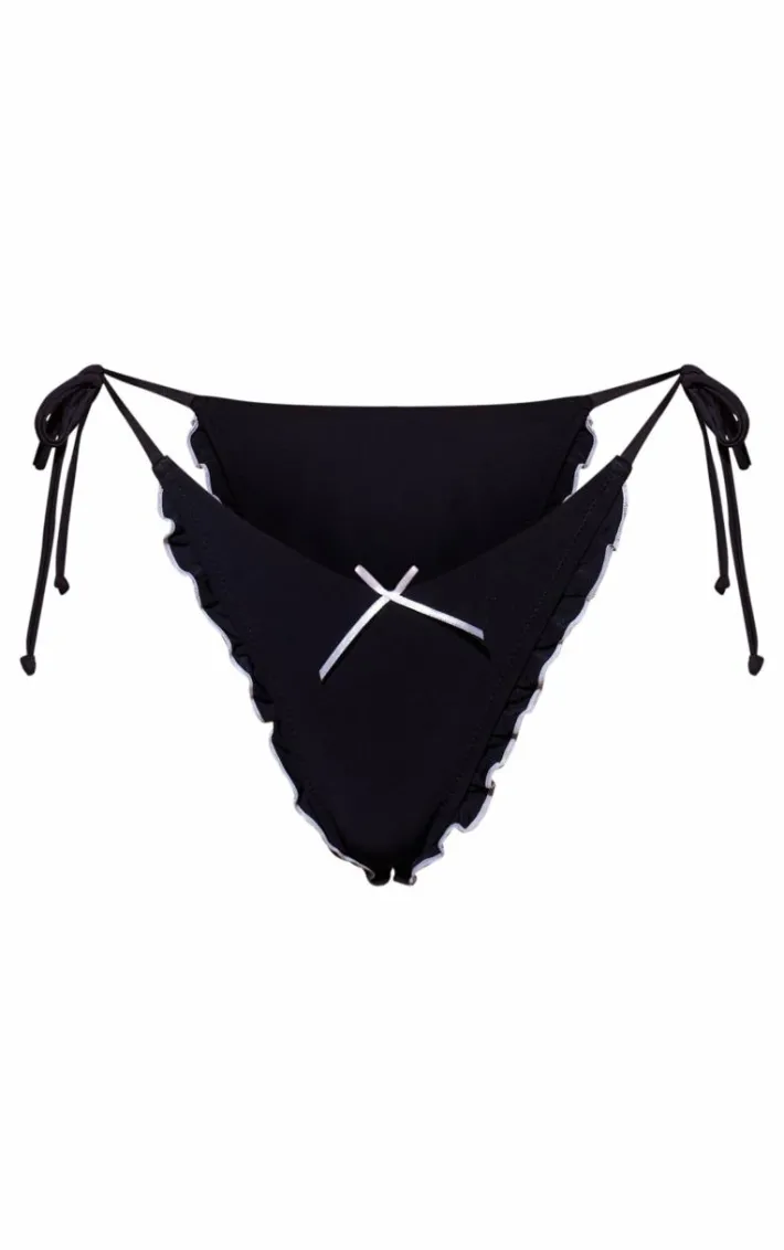 Black Bow Detail Frill Edge Tie Side Bikini Bottoms
