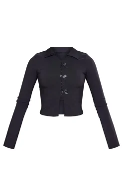 Black Bow Detail Hook & Eye Long Sleeve Top