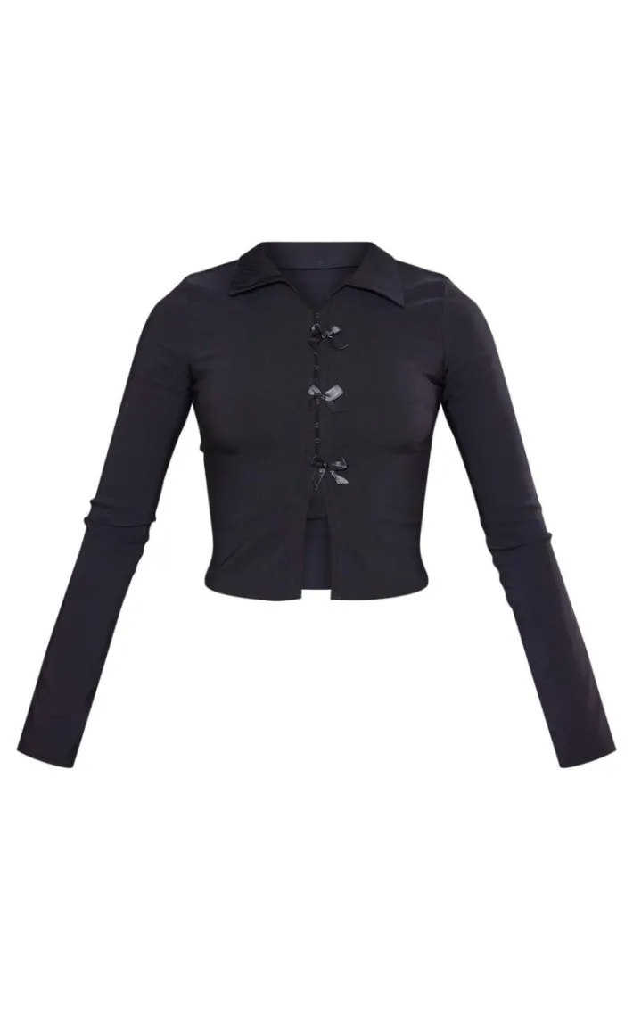 Black Bow Detail Hook & Eye Long Sleeve Top
