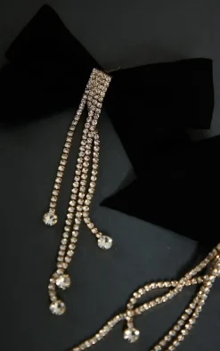 Black Bow Diamante Drop Statement Earrings
