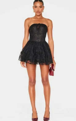 Black Bow Embroidered Lace Bandeau Romper