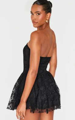 Black Bow Embroidered Lace Bandeau Romper