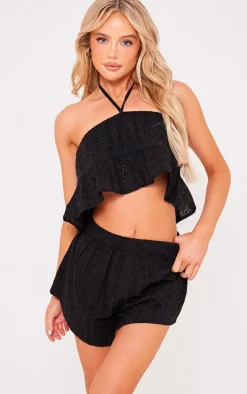 Black Broderie Crochet Trim Halter Crop Top