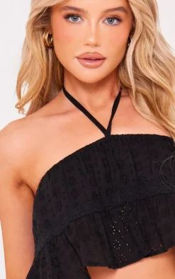 Black Broderie Crochet Trim Halter Crop Top