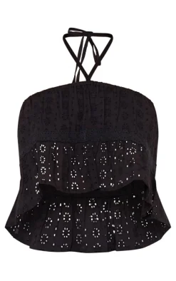 Black Broderie Crochet Trim Halter Crop Top