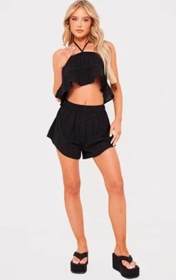 Black Broderie High Waisted Shorts