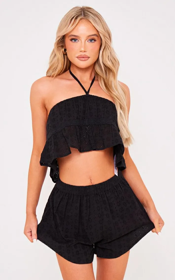 Black Broderie High Waisted Shorts