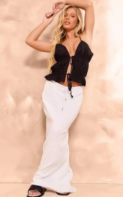 Black Broderie Tie Front Crop Cami Top