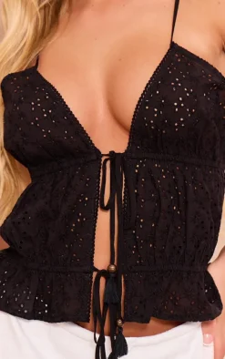Black Broderie Tie Front Crop Cami Top