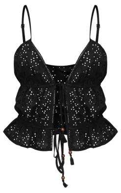 Black Broderie Tie Front Crop Cami Top
