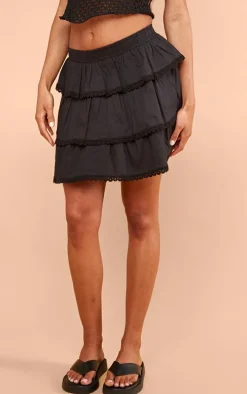 Black Broderie Trim Tiered Mini Skirt